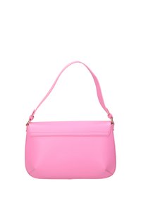 Roze leren handtas met een gestructureerde vorm, enkele platte schouderriem, gladde textuur en gestikte details. Voorzien van goudkleurige hardware.