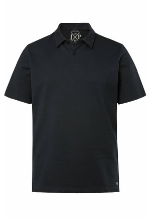 Schwarzes Poloshirt mit kurzen Ärmeln, strukturiertem Stoff, klassischem Kragen, einer Zwei-Knopf-Leiste und einem kleinen Logoakzent am Saum.