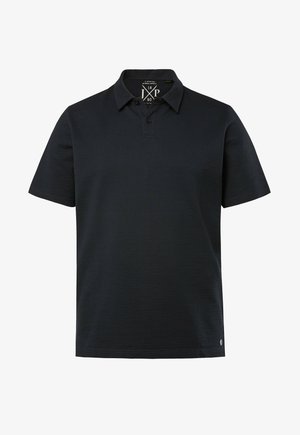 Schwarzes Poloshirt mit kurzen Ärmeln, strukturiertem Stoff, klassischem Kragen, einer Zwei-Knopf-Leiste und einem kleinen Logoakzent am Saum.