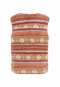 Kamizelka polarowa z wielokolorowymi, poziomymi paskami w odcieniach pomarańczowym, beżowym i niebieskim; cechuje się miękką, teksturowaną powierzchnią i brakiem rękawów.