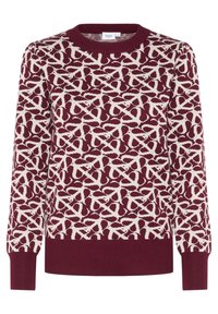 Pull en maille bordeaux avec un motif abstrait couleur crème, col rond, poignets et ourlet côtelés avec une texture douce.