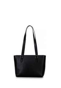 Zwarte lederen tote bag met gestructureerde afwerking, rechthoekige vorm, twee lange handvatten en metalen hardwareaccenten. Eenvoudig, functioneel ontwerp.