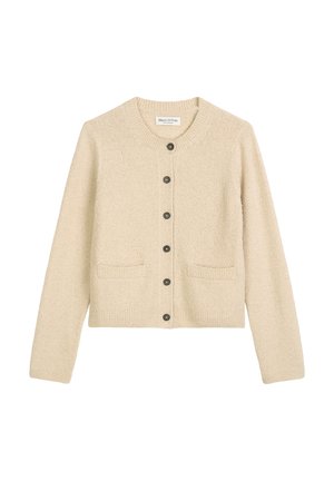 Beige gebreid vest met lange mouwen, ronde halslijn, zes donkere knopen aan de voorkant en twee voorkwamen.