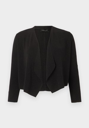 Schwarze offene Strickjacke mit langen Ärmeln und einem fallenden Wasserfallkragen aus strukturiertem Stoff.