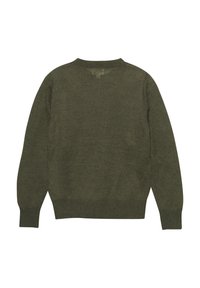 Grön stickad tröja, rund halsringning, lång ärm, texturerad väv, ribbade muddar och nederkant, utan synlig logotyp eller dekorationer.