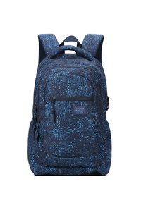 Zaino blu navy con motivi pixelati blu, numerosi scomparti con zip, spallacci imbottiti e una texture di tessuto.