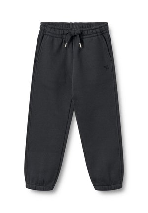 Črne trenirke iz mehkega blaga, z elastičnim pasom in vrvico, stranskimi žepi in zoženimi manšetami.