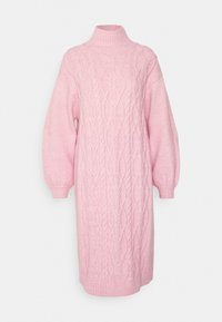 Pink knitted sweater dress with a high collar, featuring a cable knit pattern, balloon sleeves, and ribbed cuffs and hem.