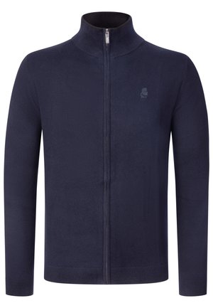 Maglione blu navy con cerniera full zip, collo alto a coste, maniche lunghe e logo discreto sul petto sinistro.