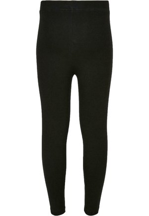 Leggings noirs en tissu extensible, dotés d'une taille haute et d'une coupe slim sans coutures ni motifs visibles.