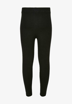 Fekete leggingek rugalmas anyagból, magas derekú és slim-fit fazonú, látható varrások vagy minták nélkül.