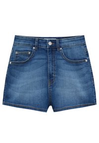 Pantalones cortos de mezclilla en azul oscuro con cintura alta. Incluye dos bolsillos frontales, un cierre con botón y cremallera, y detalles de costura dorada.