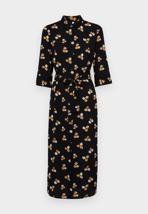 Knap-up kjole i sort stof med et blomsterprint, der har orange og hvide blomster. Har trekvartærmer og en taljebånd.