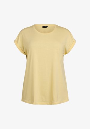 T-shirt giallo a maniche corte con scollatura rotonda e risvoltini, realizzato in tessuto morbido, caratterizzato da un fit rilassato e una texture liscia.