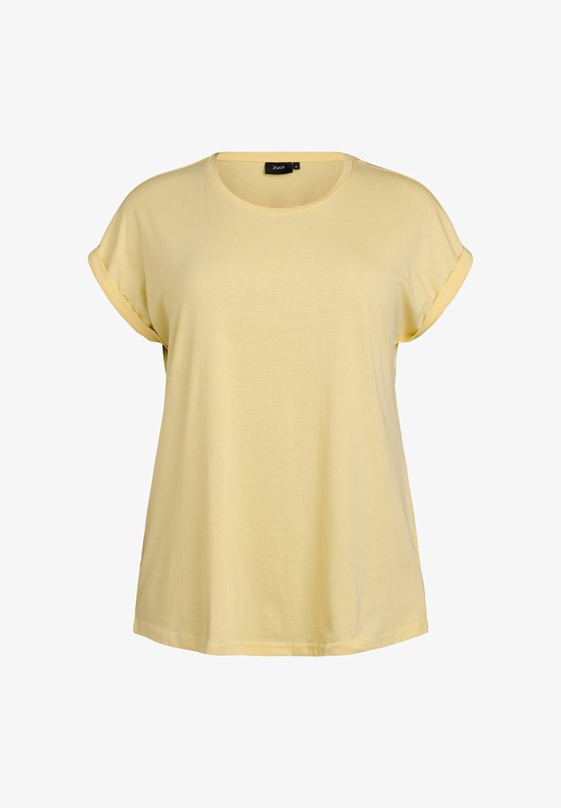 Žluté tričko s krátkým rukávem a kulatým výstřihem, se zahnutejmi manžetami, vyrobené z měkkého materiálu, s uvolněným střihem a hladkou texturou.
