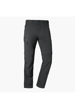 Black hiking pants made of synthetic fabric, featuring a zippered pocket on the side, a straight fit, and reinforced stitching.