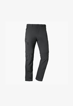 Black hiking pants made of synthetic fabric, featuring a zippered pocket on the side, a straight fit, and reinforced stitching.