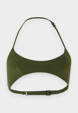 Haut de bikini vert olive avec bretelle de cou réglable et fermoir dans le dos, avec une découpe sous la poitrine.
