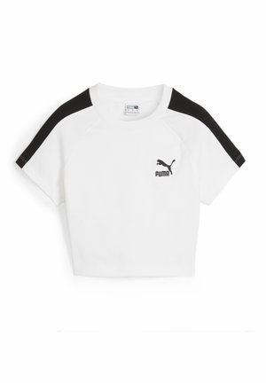 Tricou alb scurt cu mâneci raglan negre, având un mic logo Puma negru pe piept. Fabricat din bumbac.