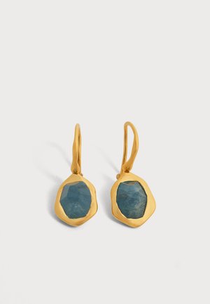 Boucles d'oreilles goutte en or avec des pierres bleues facettées irrégulières serties dans des chatons à forme organique, sur un fond blanc uni.