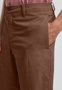 Bruine, lichtgewicht broek met een gladde textuur, zijzakken en knoopsluiting bij de taille. Gesneden pasvorm en eenvoudig ontwerp.