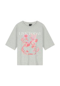 Grijze korte mouwen t-shirt met een losse pasvorm, voorzien van een kleurrijke grafische print van bloemen en een vlinder, aangevuld met de tekst "LEEF VANDAAG."