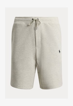 Lysegrå shorts laget av mykt stoff, med elastisk midjebånd med snor, sidelommer og en liten svart logo på venstre ben.