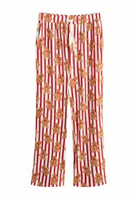 Röda och vita randiga pyjamasbyxor med ett upprepat mönster av pepparkaksgubbar, tillverkade av mjukt material med elastisk midja och snörning.