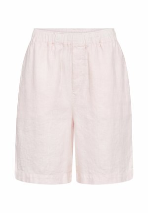 Svetloružové ľanové šortky s elastickým pásom a rovnou lemovkou, navrhnuté na bežné nosenie.