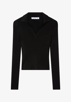Pullover lungo a maniche ribbed nere con scollatura a V con colletto. Progettato per una silhouette aderente, presenta un tessuto testurizzato e cuciture sottili.