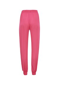 Pantaloni jogger leggeri e rosa con vita elasticizzata e polsini arricciati. Texture liscia, caratterizzati da un design a gamba dritta.