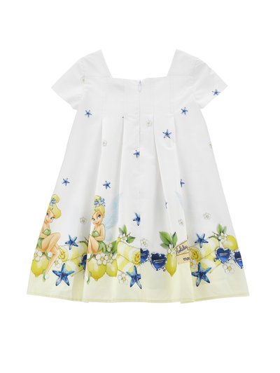 Fehér rövid ujjú gyerekruha kék csillagokkal, sárga citromokkal, fehér virágokkal és tündér illusztrációkkal a szegély mentén.