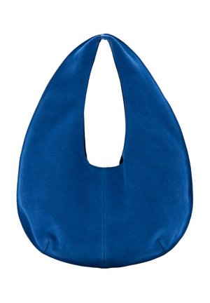 Bolso hobo de tela azul suave con una forma redondeada de media luna y una amplia apertura para el asa en la parte superior central.