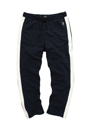 Pantalones de chándal azul marino de tejido suave, con franjas laterales blancas, una cinturilla elástica con cordón y dos bolsillos laterales.