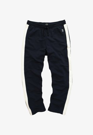Navyblaue Sweatpants aus weichem Stoff, mit weißen Seitenstreifen, einem elastischen Bund mit Kordelzug und zwei Seitentaschen.