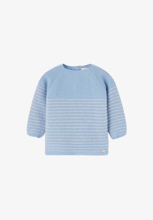 Pull en tricot bleu avec des rayures blanches horizontales, encolure ronde et manches trois-quarts. Présente un petit logo sur l'ourlet.