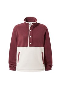 Two-tone fleece pullover with high collar, snap buttons, long sleeves, and front pockets in maroon and white colors.