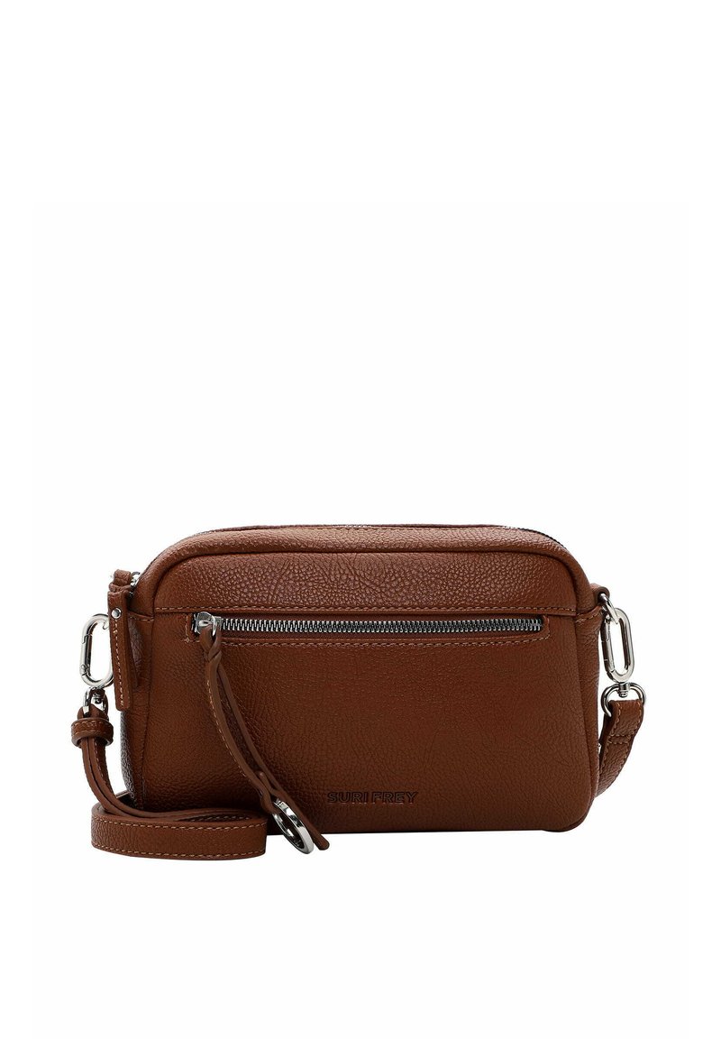 Borsa a tracolla in pelle marrone con superficie texture, tasca frontale con zip e tracolla regolabile. Presenta un dettaglio con logo impresso.