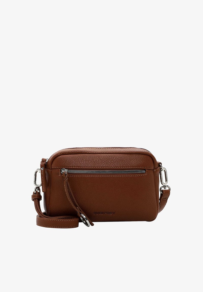 Braune Leder-Crossbody-Tasche mit strukturierten Oberflächen, einer Vordertasche mit Reißverschluss und einem verstellbaren Tragegurt. Mit eingestanztem Logo-Detail.