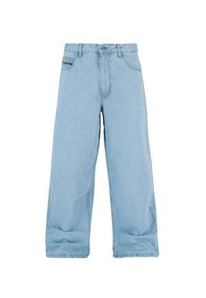 Light blue wide-leg denim jeans with button closure, front pockets, and belt loops, laid flat on white background.
