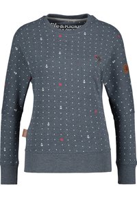 Szary sweatshirt z białymi kropkami i wzorami związanymi z tematyką morską (kotwice, czerwone akcenty). Żebrowany okrągły dekolt i mankiety; skórzana naszywka z logo.