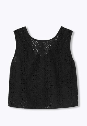 Crop top noir sans manches avec un motif en dentelle complexe et des bords festonnés, posé à plat sur fond blanc.