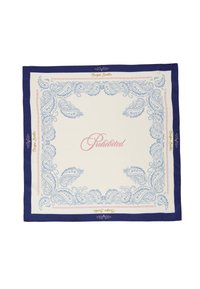 Sciarpa bianca con motivo paisley blu, bordata in blu scuro. "Proibito" nel centro rosa, con accenti gialli e rosa ai bordi. Texture di seta liscia.