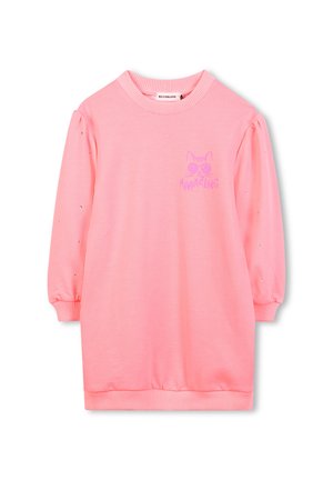 Robe-sweat rose avec des manches bouffantes longues, un col et des poignets côtelés. Présente un motif de chat avec le mot "AMAZING" en violet.