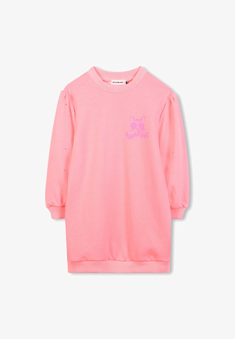 Robe-sweat rose avec des manches bouffantes longues, un col et des poignets côtelés. Présente un motif de chat avec le mot "AMAZING" en violet.