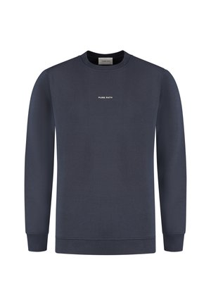 Navy blue crewneck sweatshirt with long sleeves and "PURE PATH" printed in small white letters at center chest.