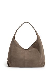 Braune Wildleder-Hobo-Tasche mit glatter Oberfläche, runder Form und einem einzelnen Schultergurt. Sie verfügt über eine tiefe V-förmige Öffnung und dezente Nähte.