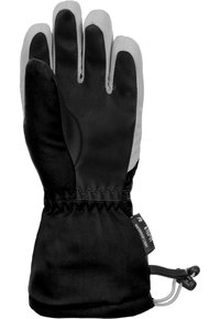 Schwarze und graue Handschuhe mit einer glatten Lederhandfläche und einem strukturierten Gewebeobermaterial. Elastischer Saum mit verstellbarem Kordelzug für einen sicheren Sitz.