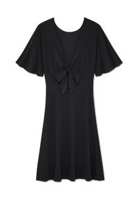 Svart klänning med djup V-ringning och svävande ärmar. Har en frontknutdetalj och en utsvängd kjol av mjukt, lättviktsmaterial.