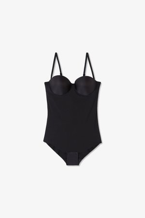 Black one-piece swimsuit with padded cups, adjustable straps, and a snap closure at the bottom. Smooth texture and fitted design.